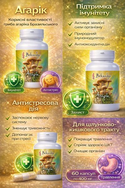 Агарік 400 мг &mdash; при зниженому тонусі імунітету та потребі у потужній антиоксидантній підтримці, 60 капсул 2733102987 фото