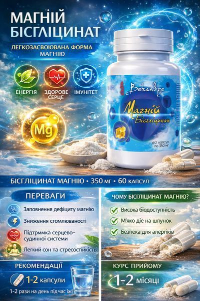 Магній бісгліцинат Bekandze 350 мг 60 капсул &ndash; для нервової системи, серця, м&rsquo;язів та якісного сну 2237207858 фото