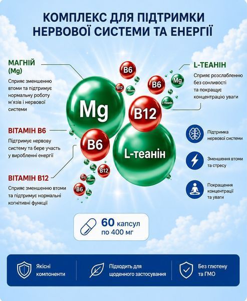 Магній + L-теанін, 60 капсул &mdash; комплекс при стресі й дедлайнах для спокійної концентрації, нервової системи та емоційного балансу 3069004704 фото